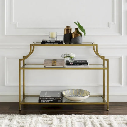 Mid-Century 3-Tier Console Table with Tempered Glass Shelves & Antiqued Gold Frame