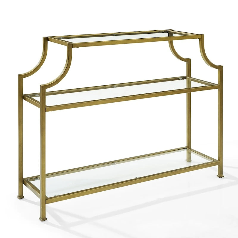 Mid-Century 3-Tier Console Table with Tempered Glass Shelves & Antiqued Gold Frame