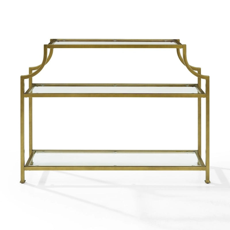 Mid-Century 3-Tier Console Table with Tempered Glass Shelves & Antiqued Gold Frame