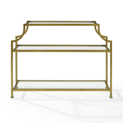 Mid-Century 3-Tier Console Table with Tempered Glass Shelves & Antiqued Gold Frame