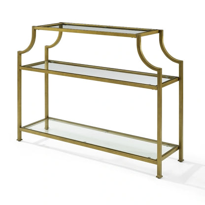 Mid-Century 3-Tier Console Table with Tempered Glass Shelves & Antiqued Gold Frame