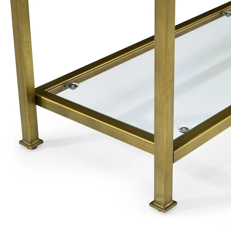 Mid-Century 3-Tier Console Table with Tempered Glass Shelves & Antiqued Gold Frame