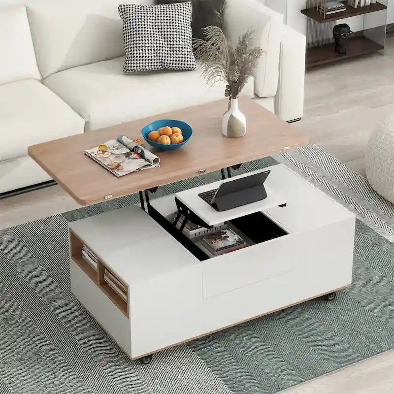 Modern Hydraulic Lift-Top Coffee Table with 3 Drawers & Locking Wheels, MDF