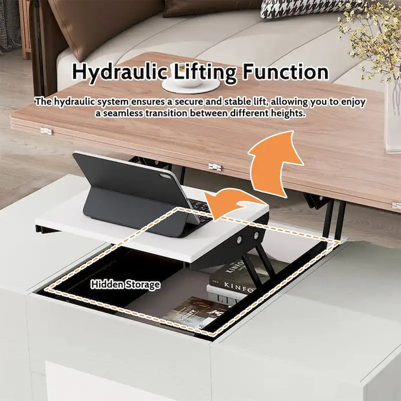 Modern Hydraulic Lift-Top Coffee Table with 3 Drawers & Locking Wheels, MDF