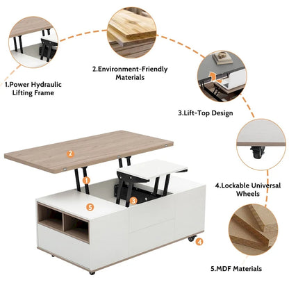 Modern Hydraulic Lift-Top Coffee Table with 3 Drawers & Locking Wheels, MDF