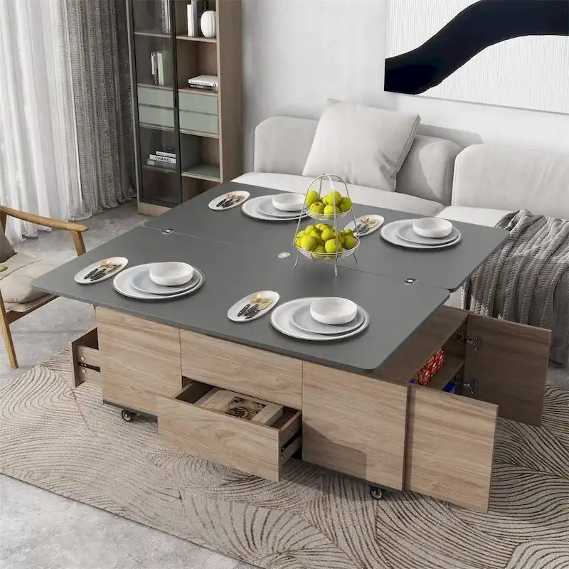 Modern Hydraulic Lift-Top Coffee Table with 3 Drawers & Locking Wheels, MDF