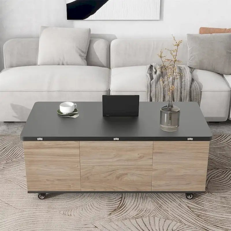 Modern Hydraulic Lift-Top Coffee Table with 3 Drawers & Locking Wheels, MDF