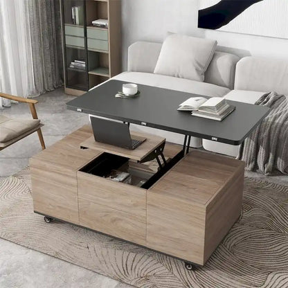 Modern Hydraulic Lift-Top Coffee Table with 3 Drawers & Locking Wheels, MDF