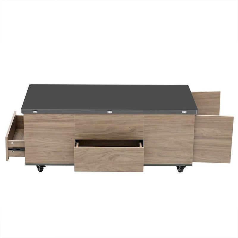 Modern Hydraulic Lift-Top Coffee Table with 3 Drawers & Locking Wheels, MDF