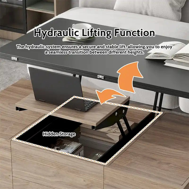 Modern Hydraulic Lift-Top Coffee Table with 3 Drawers & Locking Wheels, MDF