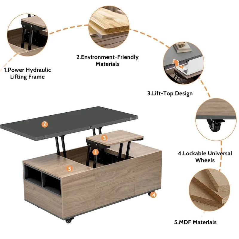 Modern Hydraulic Lift-Top Coffee Table with 3 Drawers & Locking Wheels, MDF