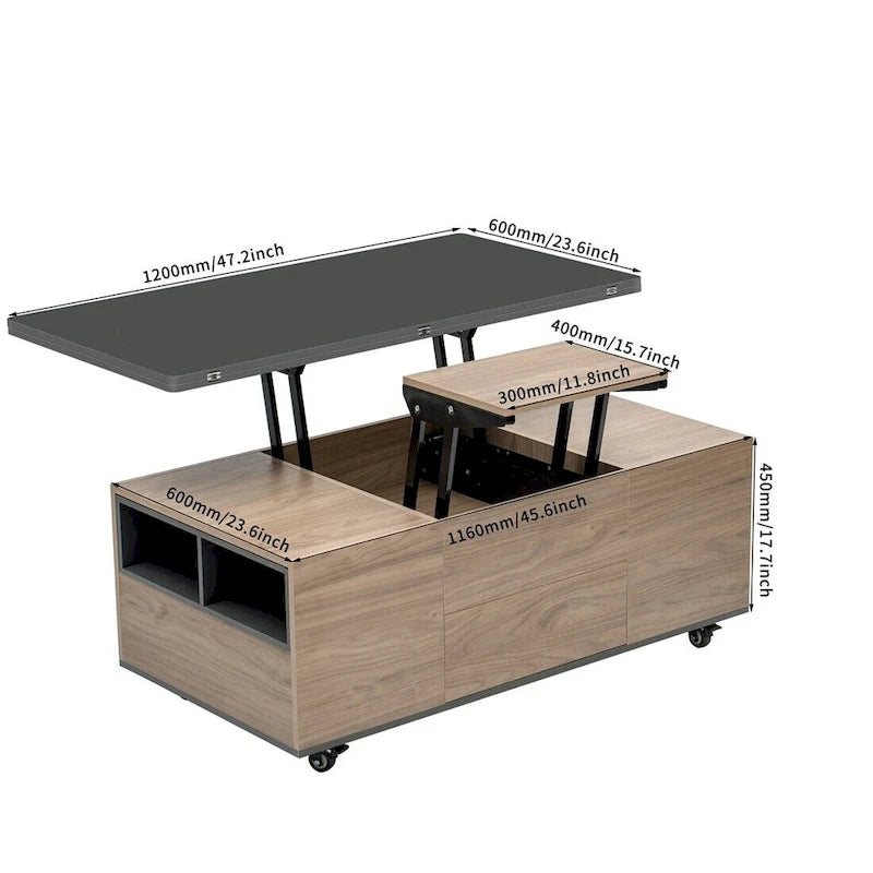 Modern Hydraulic Lift-Top Coffee Table with 3 Drawers & Locking Wheels, MDF