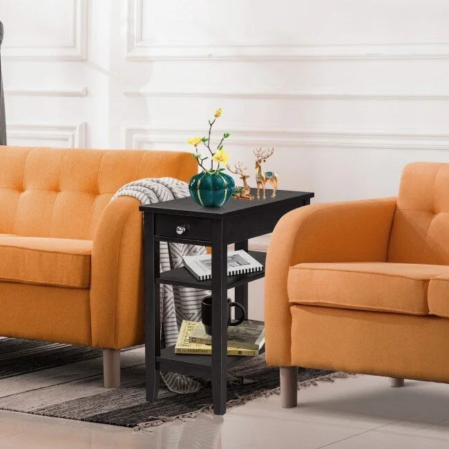 Space-Saving Side End Table with Drawer and 2-Tier Open Storage Shelves