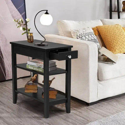 Space-Saving Side End Table with Drawer and 2-Tier Open Storage Shelves