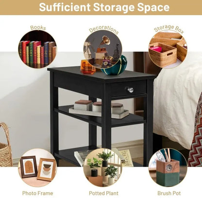 Space-Saving Side End Table with Drawer and 2-Tier Open Storage Shelves