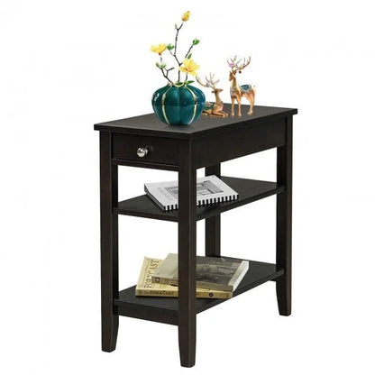 Space-Saving Side End Table with Drawer and 2-Tier Open Storage Shelves
