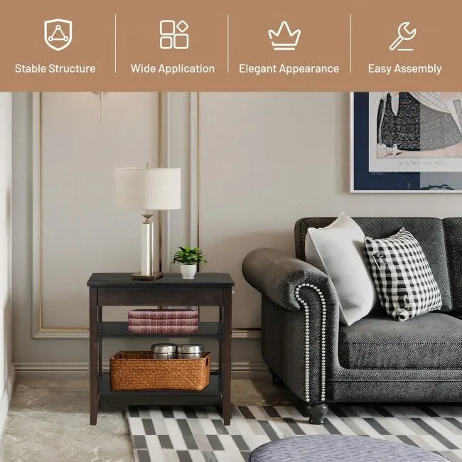 Space-Saving Side End Table with Drawer and 2-Tier Open Storage Shelves