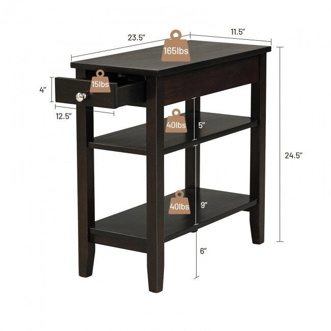 Space-Saving Side End Table with Drawer and 2-Tier Open Storage Shelves