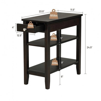 Space-Saving Side End Table with Drawer and 2-Tier Open Storage Shelves