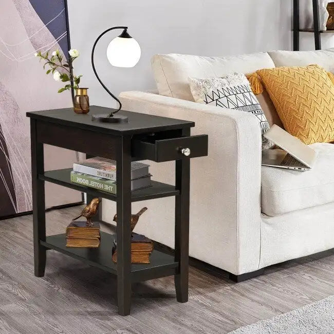 Space-Saving Side End Table with Drawer and 2-Tier Open Storage Shelves