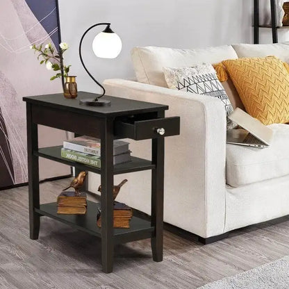 Space-Saving Side End Table with Drawer and 2-Tier Open Storage Shelves