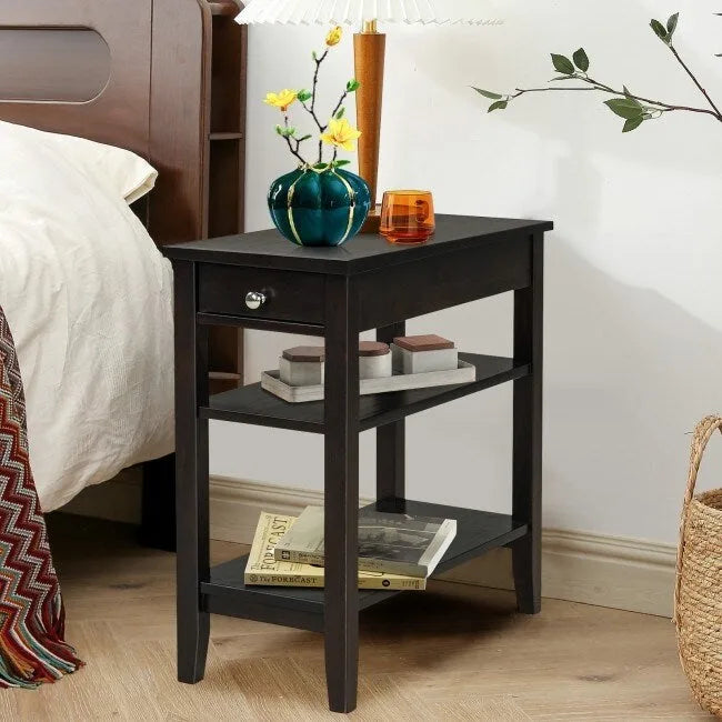 Space-Saving Side End Table with Drawer and 2-Tier Open Storage Shelves