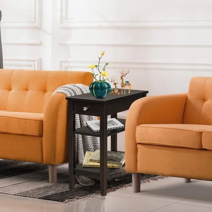 Space-Saving Side End Table with Drawer and 2-Tier Open Storage Shelves