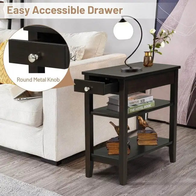 Space-Saving Side End Table with Drawer and 2-Tier Open Storage Shelves