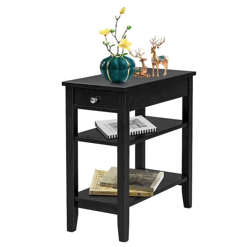 Space-Saving Side End Table with Drawer and 2-Tier Open Storage Shelves