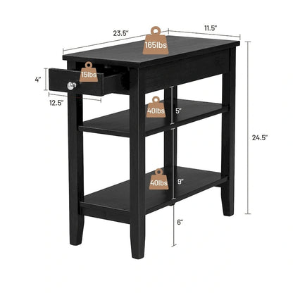 Space-Saving Side End Table with Drawer and 2-Tier Open Storage Shelves