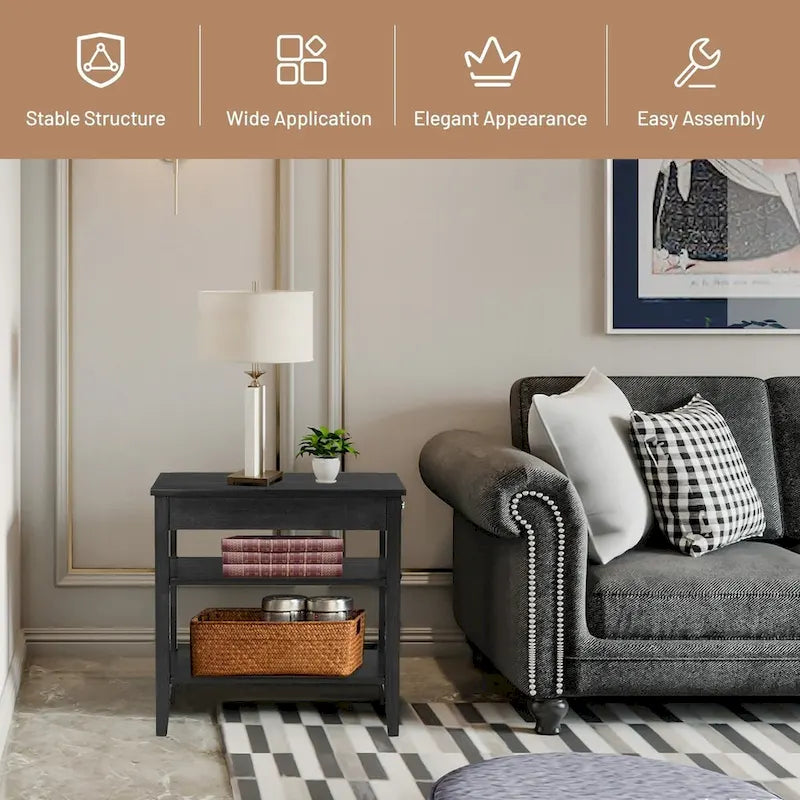 Space-Saving Side End Table with Drawer and 2-Tier Open Storage Shelves