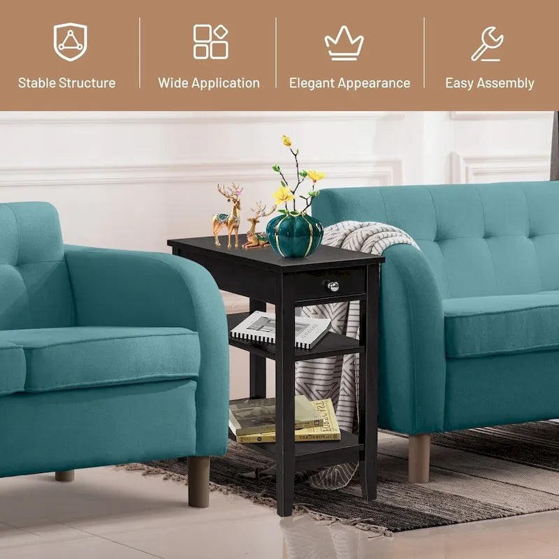 Space-Saving Side End Table with Drawer and 2-Tier Open Storage Shelves