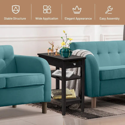 Space-Saving Side End Table with Drawer and 2-Tier Open Storage Shelves