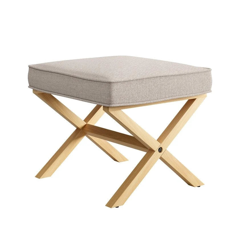 Square Fabric Upholstered Ottoman with Solid Wood X-Shaped Legs, 500 lb Capacity