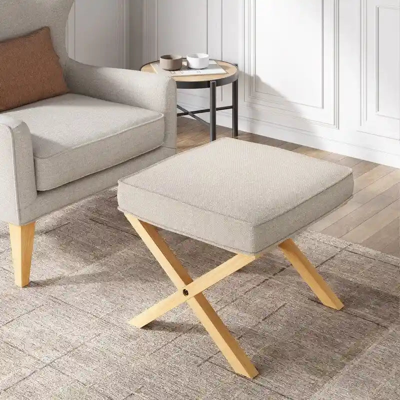 Square Fabric Upholstered Ottoman with Solid Wood X-Shaped Legs, 500 lb Capacity