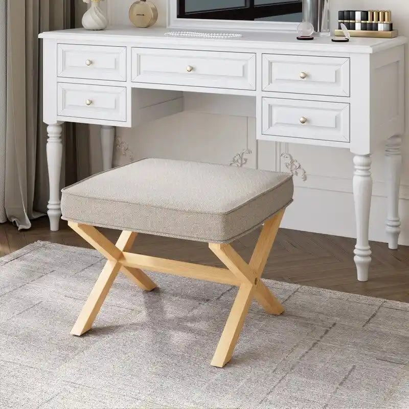 Square Fabric Upholstered Ottoman with Solid Wood X-Shaped Legs, 500 lb Capacity