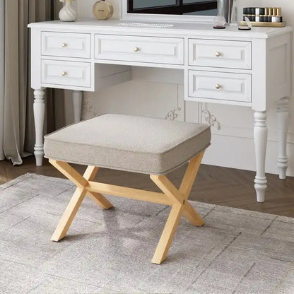 Square Fabric Upholstered Ottoman with Solid Wood X-Shaped Legs, 500 lb Capacity