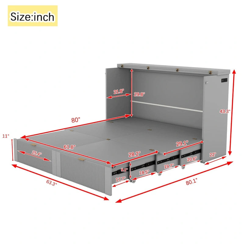 Queen Size Murphy Bed Wall Bed with drawer and a set of Sockets