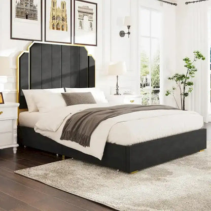 Queen Size Upholstered Bed Frame with 59.06 Headboard and Golden Plating Trim