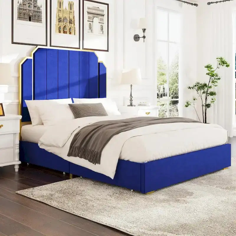 Queen Size Upholstered Bed Frame with 59.06 Headboard and Golden Plating Trim