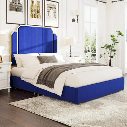 Queen Size Upholstered Bed Frame with 59.06 Headboard and Golden Plating Trim