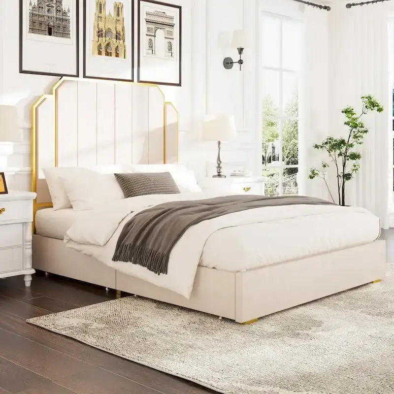 Queen Size Upholstered Bed Frame with 59.06 Headboard and Golden Plating Trim