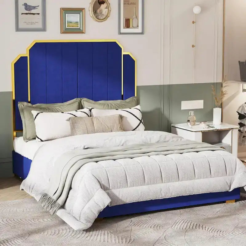 Queen Size Upholstered Bed Frame with 59.06 Headboard and Golden Plating Trim