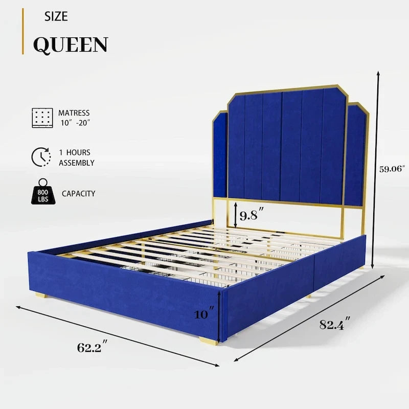 Queen Size Upholstered Bed Frame with 59.06 Headboard and Golden Plating Trim