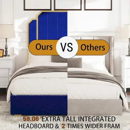 Queen Size Upholstered Bed Frame with 59.06 Headboard and Golden Plating Trim