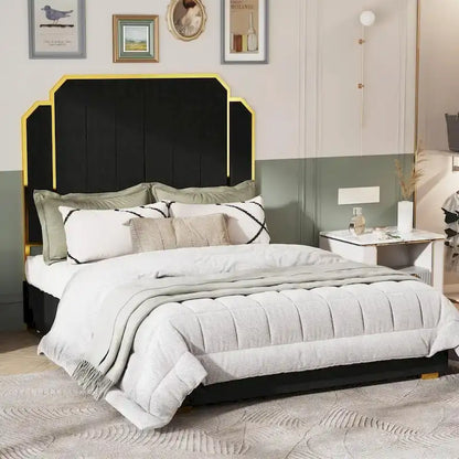 Queen Size Upholstered Bed Frame with 59.06 Headboard and Golden Plating Trim
