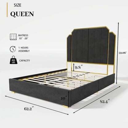 Queen Size Upholstered Bed Frame with 59.06 Headboard and Golden Plating Trim