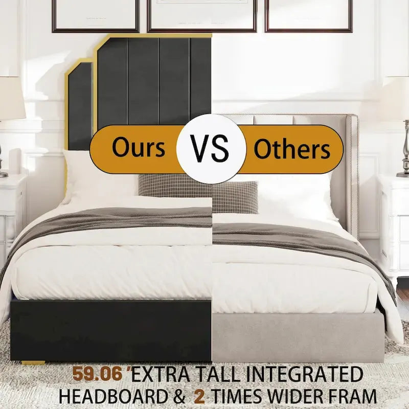 Queen Size Upholstered Bed Frame with 59.06 Headboard and Golden Plating Trim