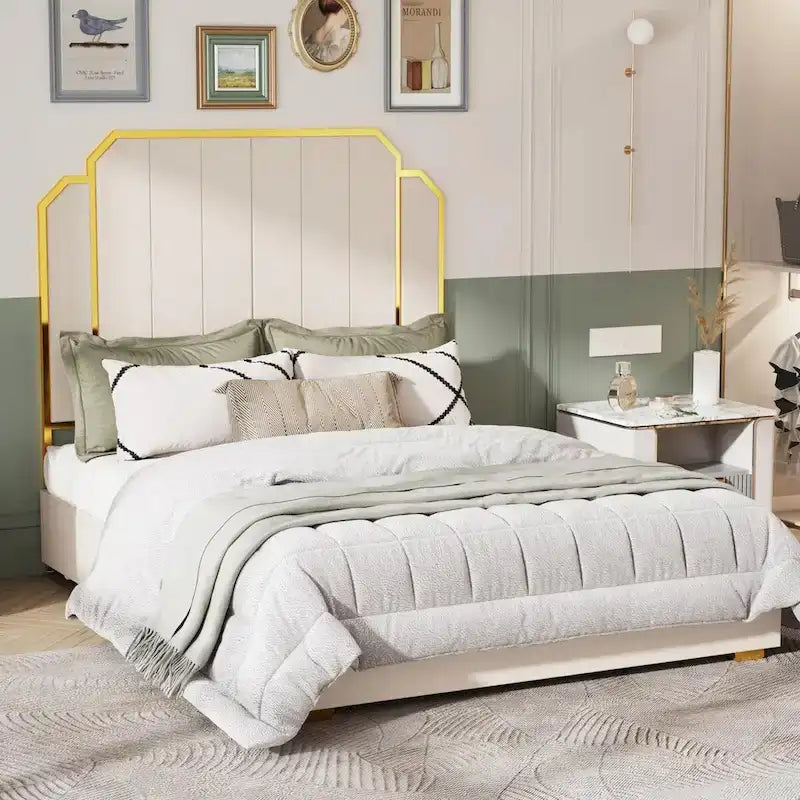 Queen Size Upholstered Bed Frame with 59.06 Headboard and Golden Plating Trim