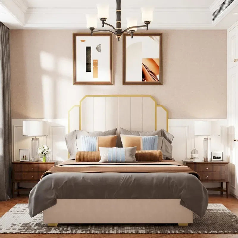 Queen Size Upholstered Bed Frame with 59.06 Headboard and Golden Plating Trim